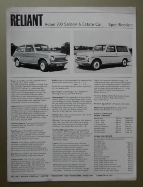 RELIANT REBEL 700 SALOON & ESTATE orig 1966 UK Mkt Specs Leaflet Brochure