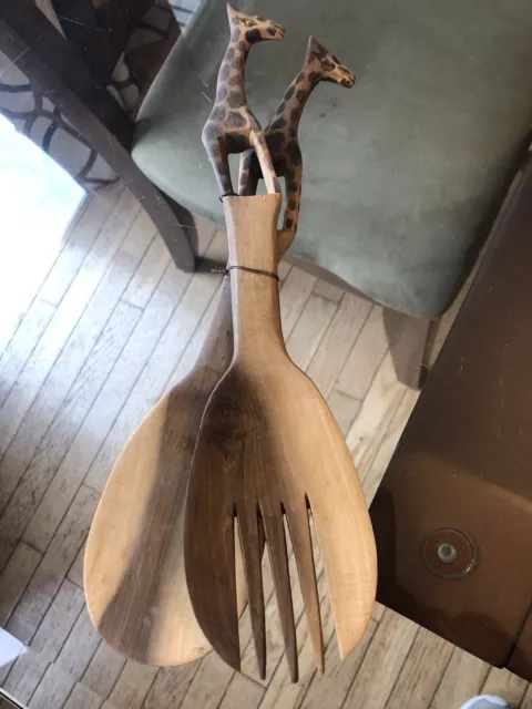 Hand Carved African Giraffe Wooden Salad Serving Fork & Spoon