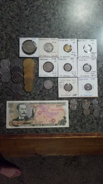 LOT of 33  COSTA RICA 32 Coins & 1 Note     Mostly dated  between 1950s-1990s