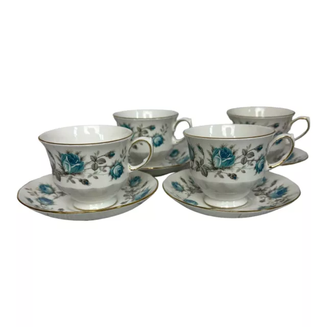 Ridgway Potteries Queen Anne Set Of 4 Cups And Saucers Blue Roses Bone China