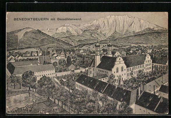 AK Benediktbeuern, Ortsansicht mit der Benediktenwand 1917