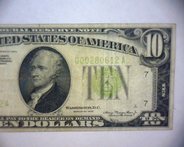 1934 $10 Federal Reserve Note LIME GREEN SEAL & SERIAL #   🌟VERY NICE🌟 5