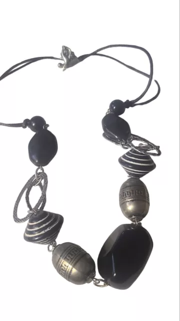 Vintage Silver Tone And Black Chunky Beads Choker Necklace 18"