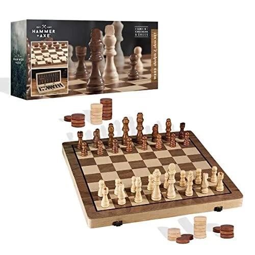 HAMMER + AXE 2-in-1 Checkers & Chess Board Game Set Premium Quality Wood Full...