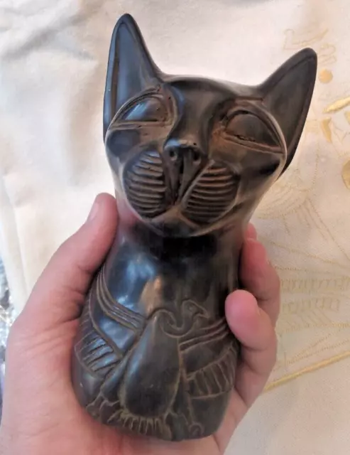 Goddess Bastet Cat Isis ANTIQUE EGYPTIAN Statue Heavy Black Basalt Stone 6 inch