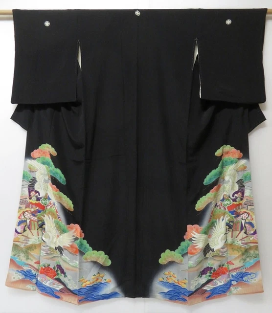 2213T03z720 Antique Japanese Kimono Silk TOMESODE Crane Black