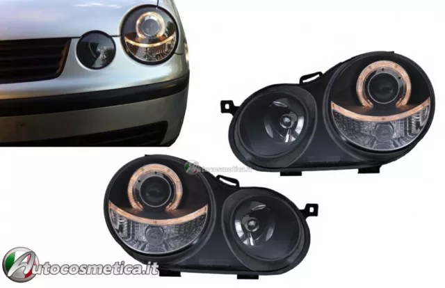 Coppia fari fanali tuning anteriori Angel Eyes Nero VW Polo 9N3 2001-2005**