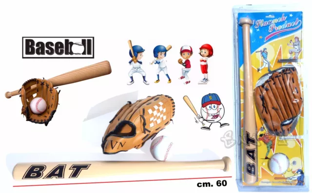 Mazza Da Baseball Softball In Legno Con Guantone E Palla Kit Completo