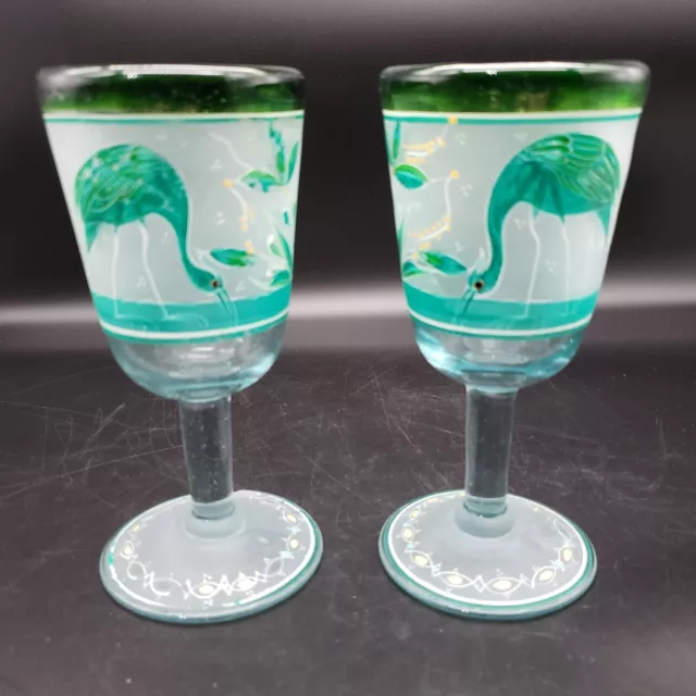 Set of 2 Artisan Hand Blown and Hand Painted Stemmed Green Rim Glass Clear Stem