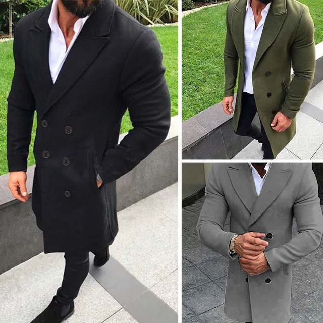 Men Double Breasted Trench Coat Winter Warm Long Jacket Wool Overcoat Outwear