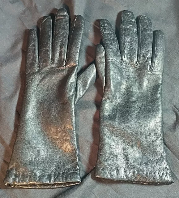 Vintage Aris 100% Calf Skin Black Leather Cashmere Lined Gloves Size 6.5 6 1/2