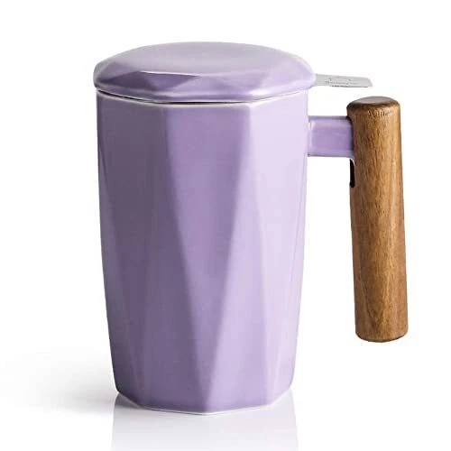 SWEEJAR Porcelain Tea Mug with Infuser and Lid, Wooden Handle, 17 Ounce, Geom...