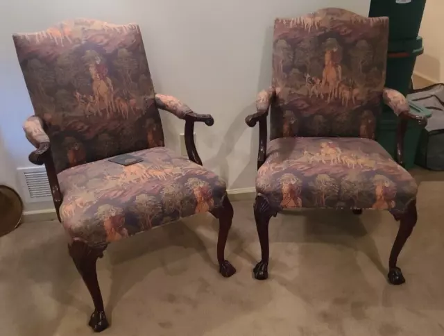 Pair of Statesville Chippendale Arm Chairs Fox Hunters Tapestry Claw & Ball Feet