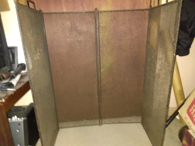ANTIQUE Vintage 4 Panel Folding Fireplace Screen w/Black Mesh 30" Tall