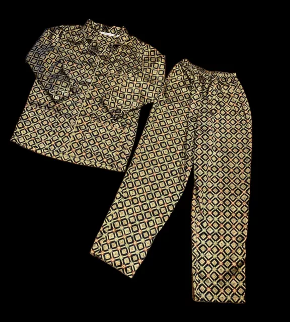 Vintage Victoria's Secret Pajama Set Silky Satin Diamond Black Gold Top & Pant S