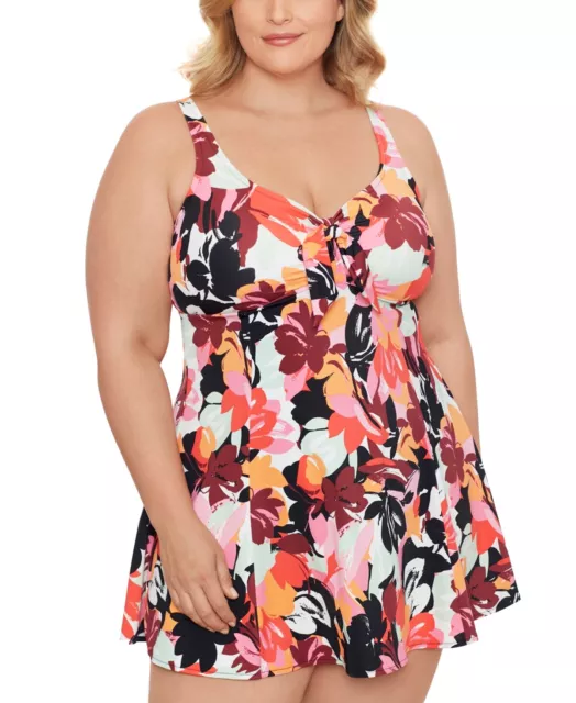 $119 Swim Solutions Plus Size Bow-Front Tummy-Control Swimdress Black Size 16W