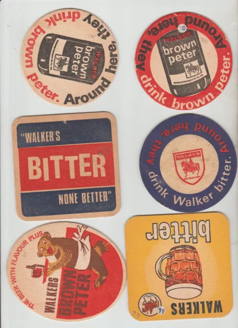 6x different  WALKERS WARRINGTON   cat no  70 68 72 65 63 66   beer mats