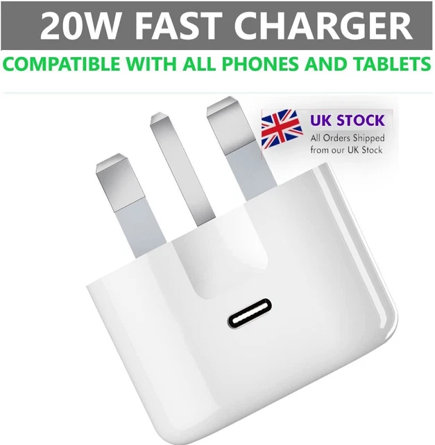 20W Fast USB-C PD Charger With UK Plug & Cable – For IPhone IPad, 240V AC Adapter