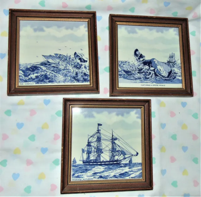 Vintage 6"x6" Delft Tiles Whaling Series With Ships Set of 3 Wood Frames