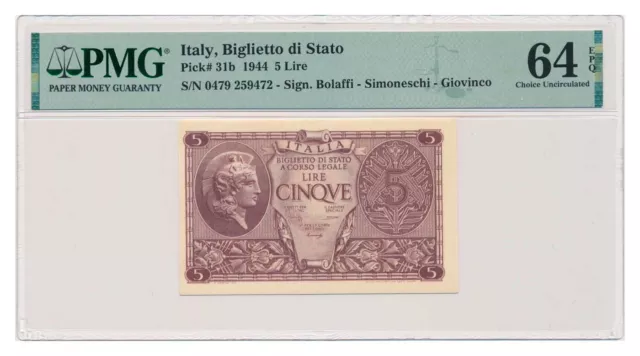 ITALY banknote 5 Lire 1944 PMG MS 64 EPQ Choice Uncirculated