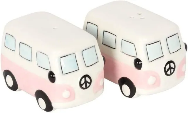 Camper Van Peace Bus Camping Salt Pepper Shaker Cruet Set 2 Ceramic White Pink