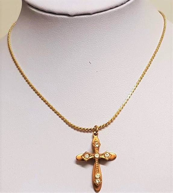 Collier Pendentif Croix Vintage En Cristal Doré - Bijou Fantaisie Unisexe - Occasion En état Impeccable