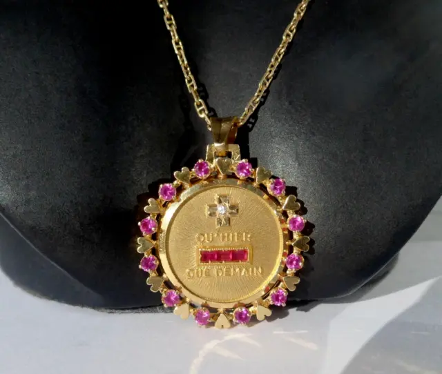 3Ct Lab Created Ruby & Diamond qu'hier que demain Pendant 14K Yellow Gold Finish