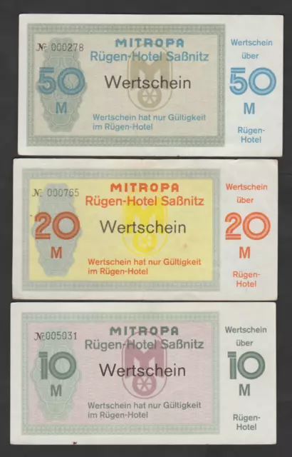 10+20+50  Mark Wertscheine  MITROPA Rügen Hotel Saßnitz