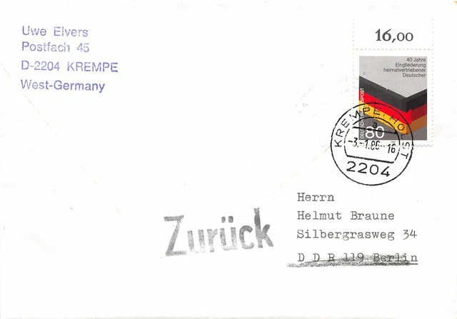 683480) Bund Postkriegbeleg mit Nr.1285 40 Jahre Eingliedrung Heimatvertriebene