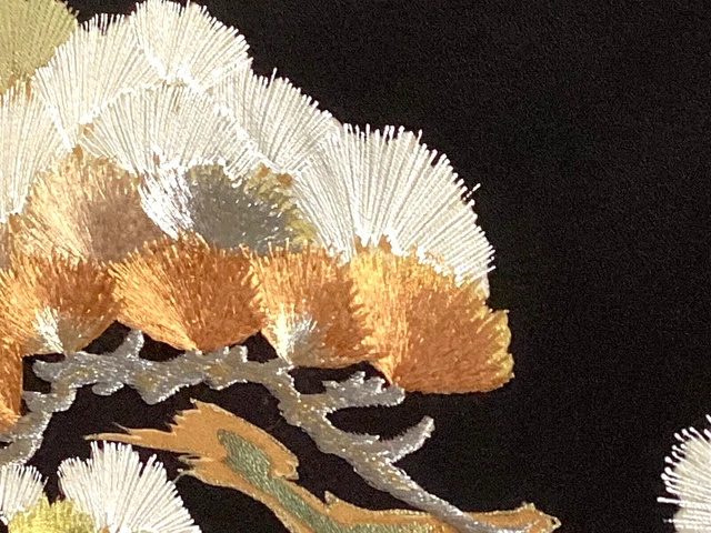 Vintage Japanese Kimono Silk Fabric, Black Matsu Tomesode Long Panel,161cm-23 3