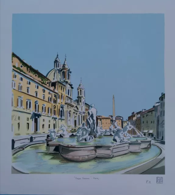 Aldo Riso Serigrafia firmata arte figurativa paesaggio Piazza Navona quadro casa