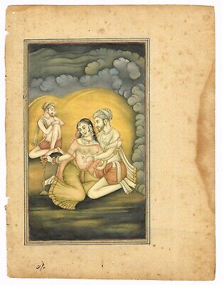 Indien Miniature Ancien Peinture De Moghol Empereur Romance Avec His Reine En