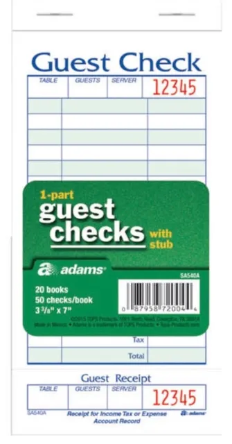 Adams 1-Part Guest Check with Stub, 20 books & 50 checks/book, Free shipping USA