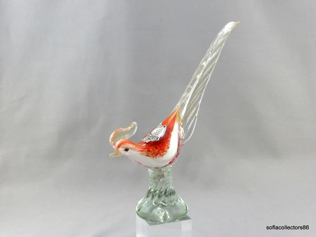 Murano Glass Orange & White Pheasant / Bird Sculpture w Gold Inclusions & Label