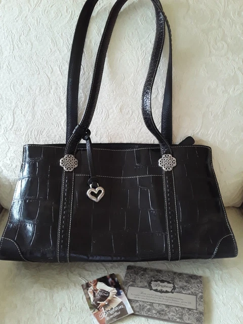 Brighton Black Croc Print Leather Purse Shoulder Bag Tote Silver Trim & Heart Ch