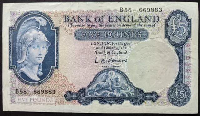 Bank of England 1957 Helmeted Britannia  Five Pound Blue Banknote L K O'Brien,