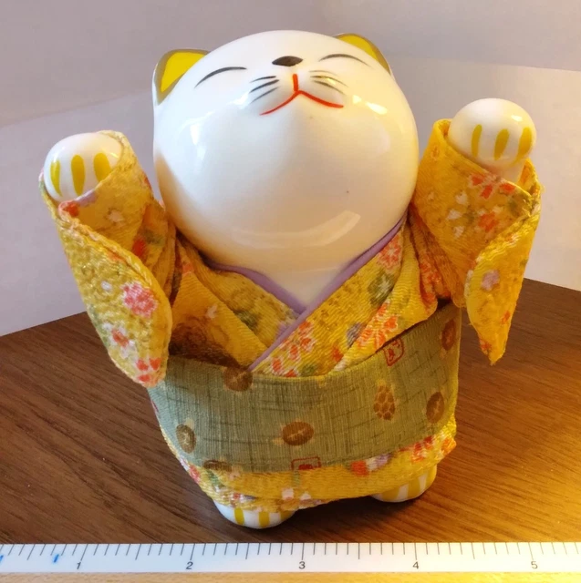 Cat Figurine piggy bank ceramic dressed in cloth