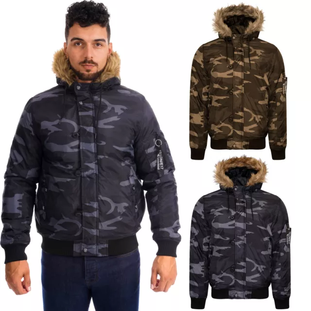 MA1 Mens Bomber Jacket Camo Army Padded Faux Fur Hooded Coat Air Force Biker