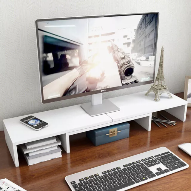 White Dual Computer Monitor Stand With 3 Shelf Screen Riser Platform Desktop AU