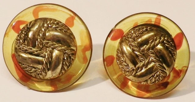 Boucles D'oreilles Vintage Clips En Bakélite Ambre - Occasion Bon état - Bijou Rétro