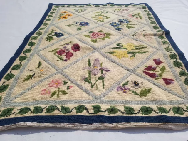 Vintage French Needle Point Handmade Floral Multicolor Wool Rug Carpet 110x80cm