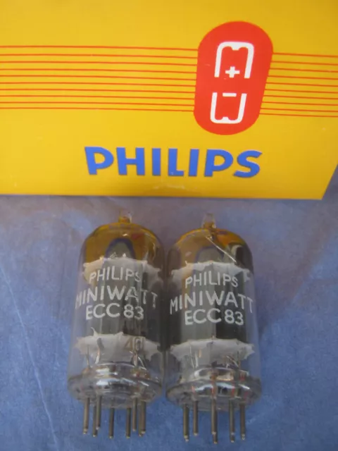 2x  ECC83 / 12AX7 PHILIPS  tubes - LONG plates - mc2 / 45° D foil- getter - 1956