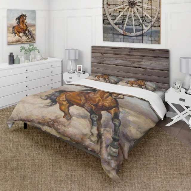 Designart 'Painting Of A Horse In The Race' Farmhouse Duvet Brown King Cover + C