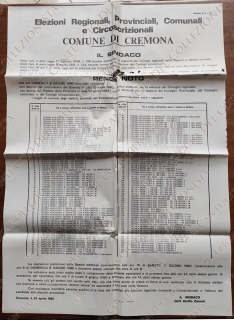 1980 Cremona Elezioni Provinciali Regionali Comunali Circoscrizionali Manifesto