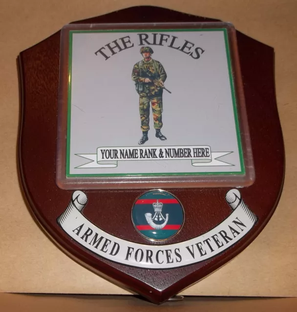 The Rifles wall Plaque with name rank & number.