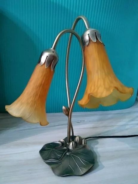 Lily Pad two light Table lamp tiffany style Amber trumpet/tulip shades