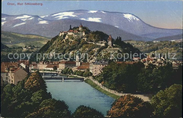 71543815 Graz_Steiermark Stadtansicht mit Mur Bruecke und Schlossberg Uhrturm Gr