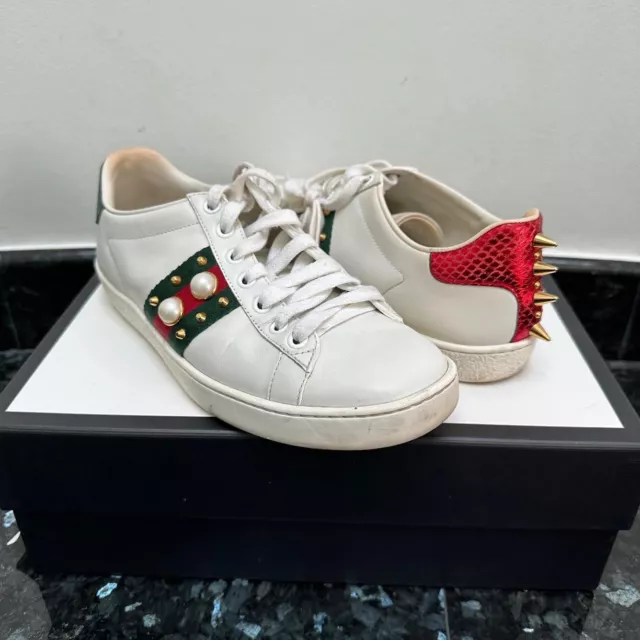 Gucci Women's White Leather Ace Low Top Sneaker Pearl Studded Unisex Size 36.5 3