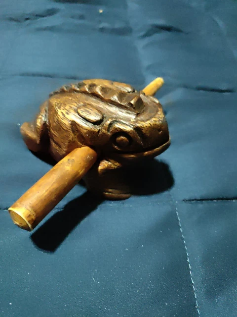 Frog Percussion Musical Instrument Hand Carved Wooden Brown Lucky