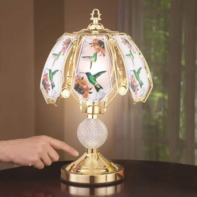 Elegant Colorful Hummingbirds In Garden Glass Shade Gold-Toned Base Touch Lamp